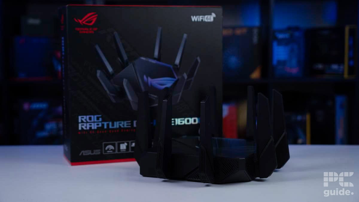 ROG RAPTURE GT-AXE16000 Wifi 6E Router in front of box, Image by PCGuide
