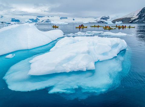 antarctica kayaking past blue icebergs qe