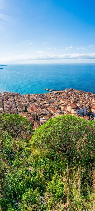 italy view over cefalu and mediterranean sicily astk