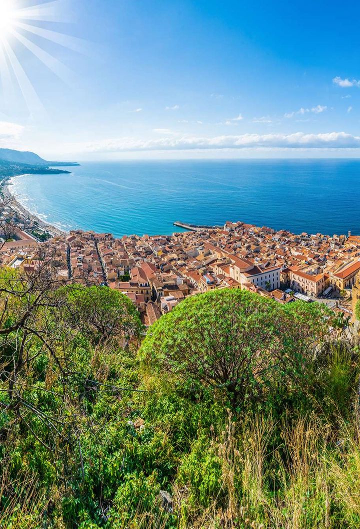 italy view over cefalu and mediterranean sicily astk