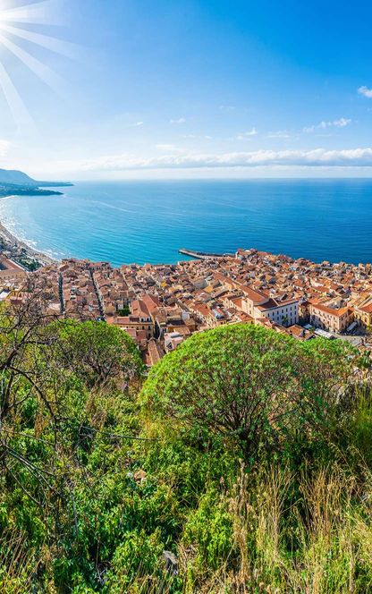 italy view over cefalu and mediterranean sicily astk