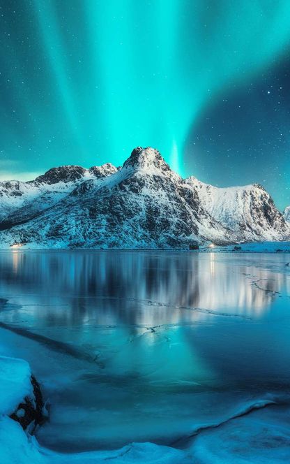 norway lofoten islands aurora mountain reflection istk