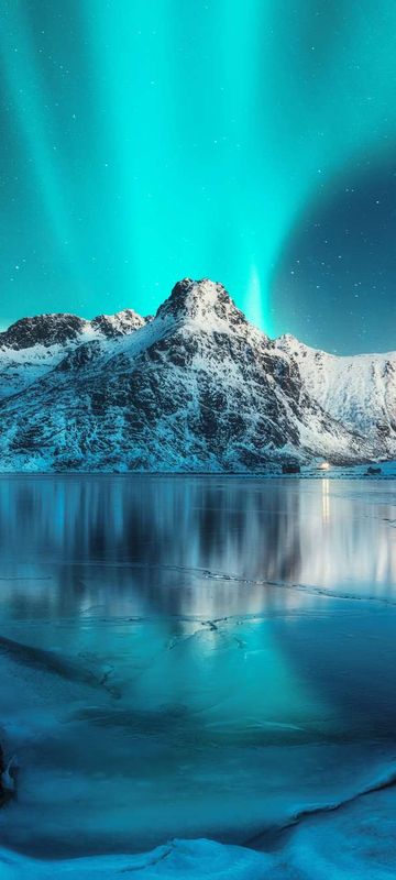 norway lofoten islands aurora mountain reflection istk