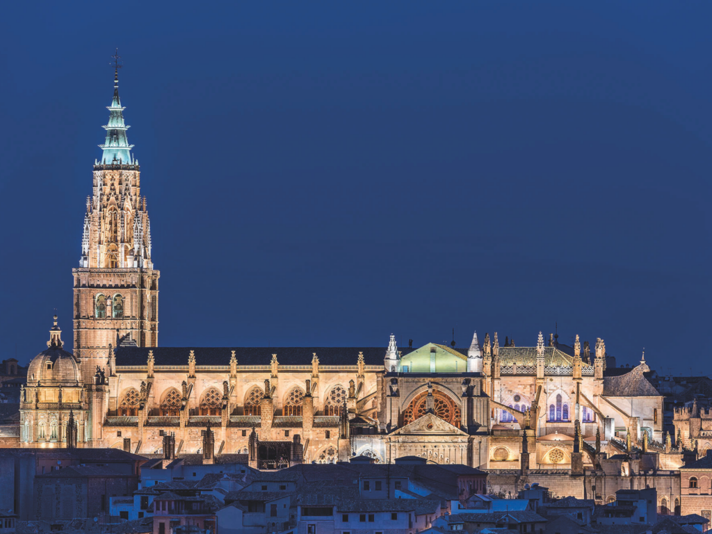 Picture of cathedral in Toledo lit up at night